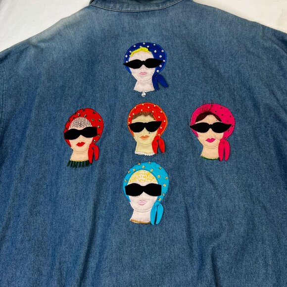 Vintage Denim Zip Up with Lady Appliqué CC Sportswear 80s Pin-Up 50s Retro Large - Picture 11 of 15